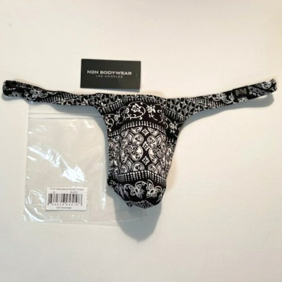 N2N Bodywear Size “M” Provence T-Back Thong- Black/White Batik Design - Picture 1 of 13